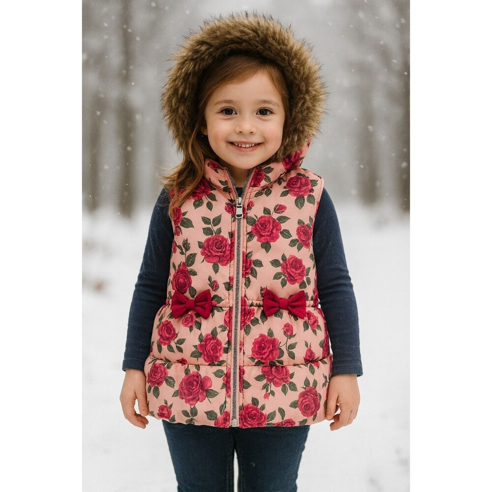 Betsey Johnson Girls Floral Puffer Coat Jacket Size 6 – Pink Roses, Faux Fur...